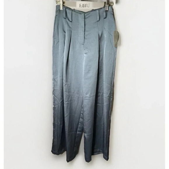 Shimmery NSR Pants Women's Size Small SILK SATIN Wide Leg HIGH-RISE PLEATED Blue - Picture 1 of 11